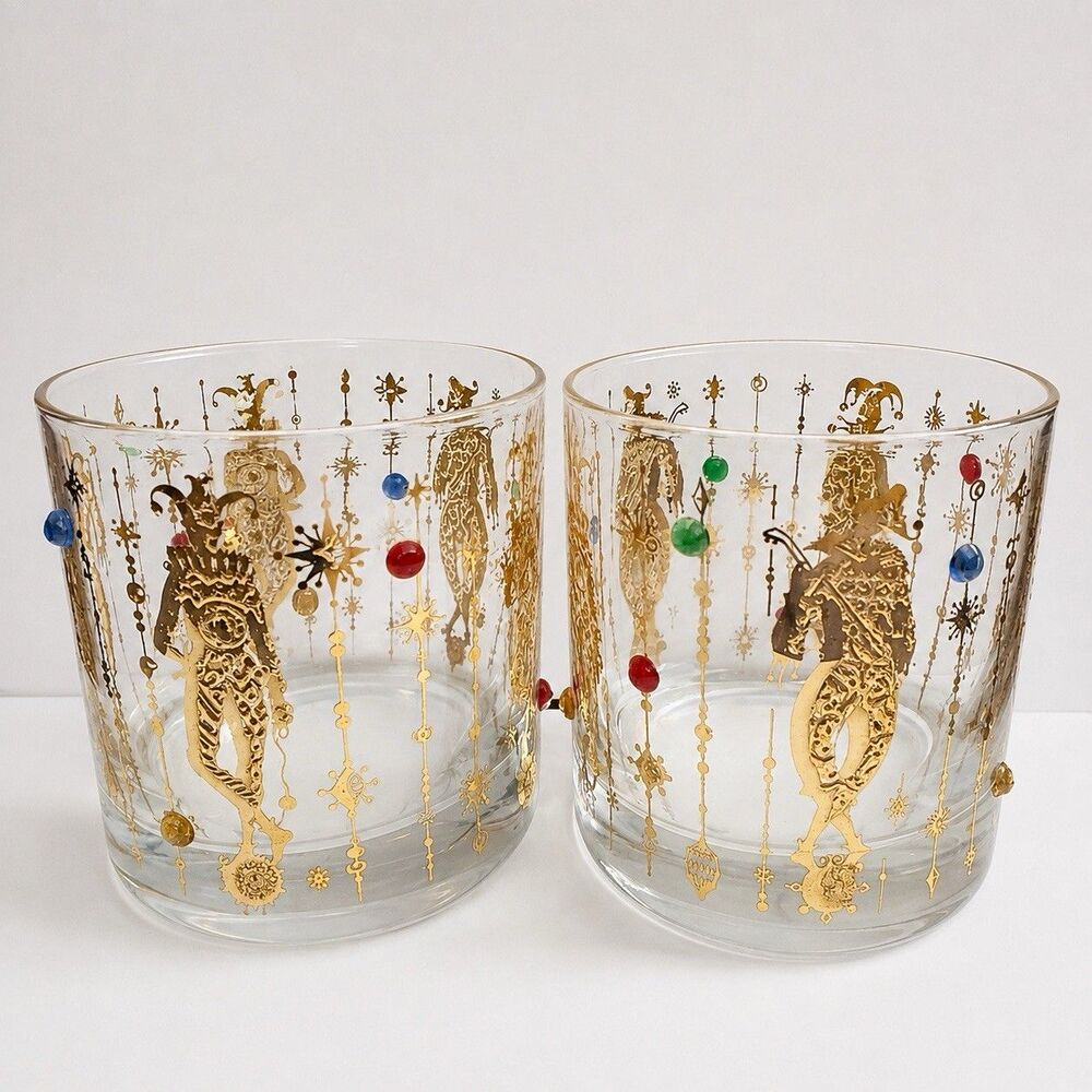 Culver Mid-Century Mardi Gras Jester With Jewels Double Old Fashion Glasses Set